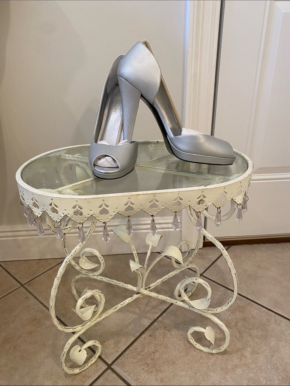 Shoes of Prey Silver Leather Peep-Toe High Heels